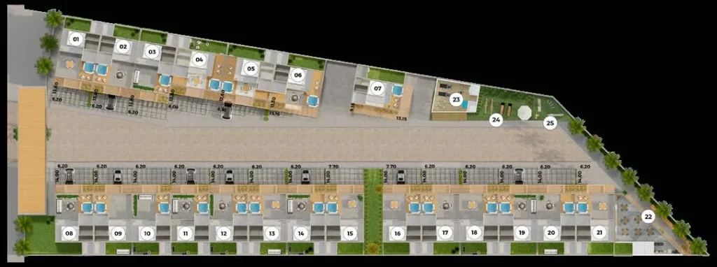 Implantação do Oni Dijon mostrando a distribuição das casas, salão de festas, academia, playground e pet place no terreno
